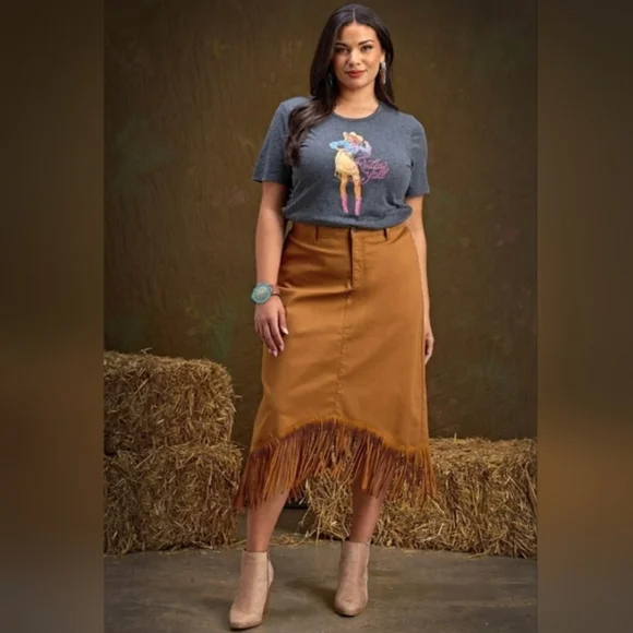 ‼️OUT OF STOCK‼️Fringe Hem Denim Asymetrical Midi Skirt Size 20 Tan Western - Picture 7 of 8